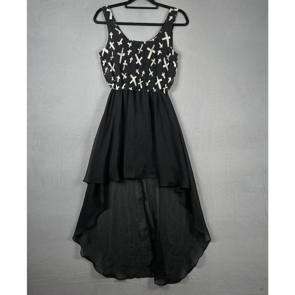 Royal Bones Dress Womens Small Black White Cross Print Asymmetrical Goth Punk